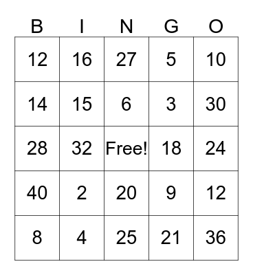 Multiplication Facts Bingo Card