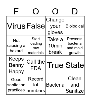 Food Safety Bingo Card