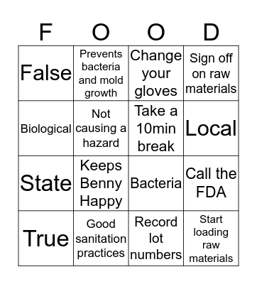 Food Safety Bingo Card