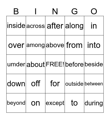 Prepositons Bingo Card