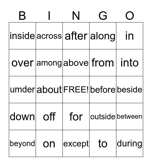 Prepositons Bingo Card