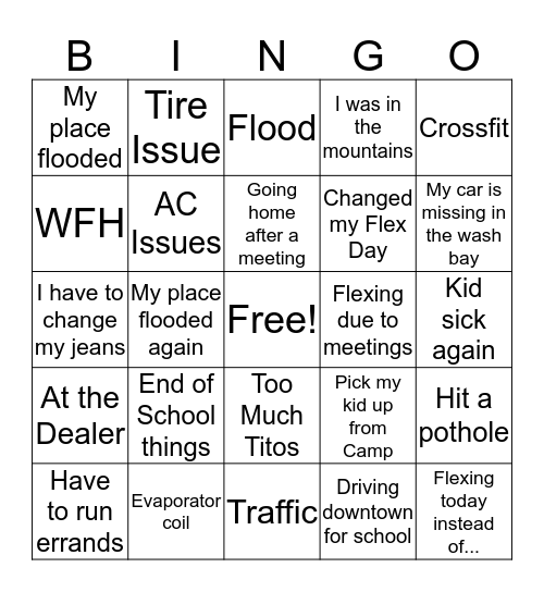 "What is it now" Bingo Card