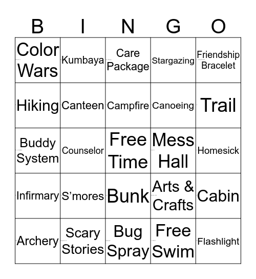 Summer Camp Bingo Card