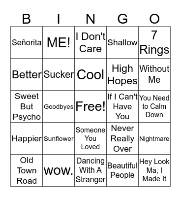 Popular Songs Bingo Card