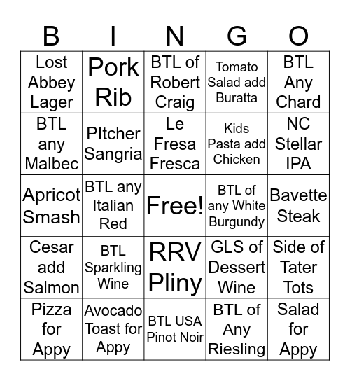 Wine Bingo Card