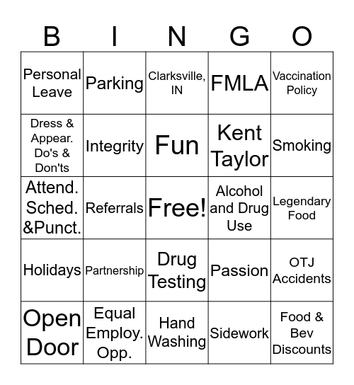 Orientation Bingo Card