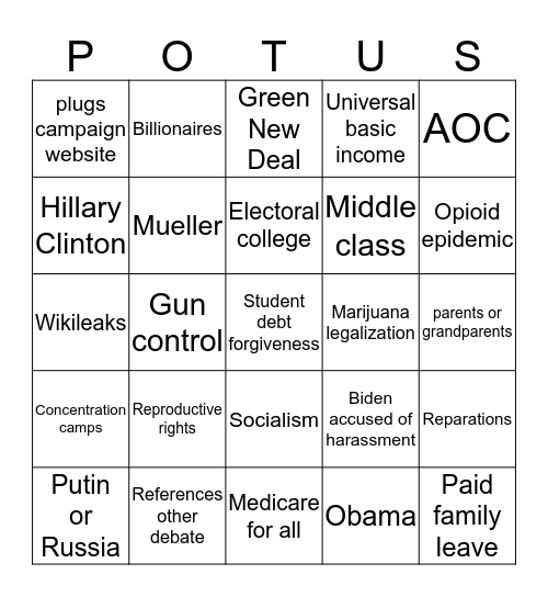 POTUS 2020 Bingo Card