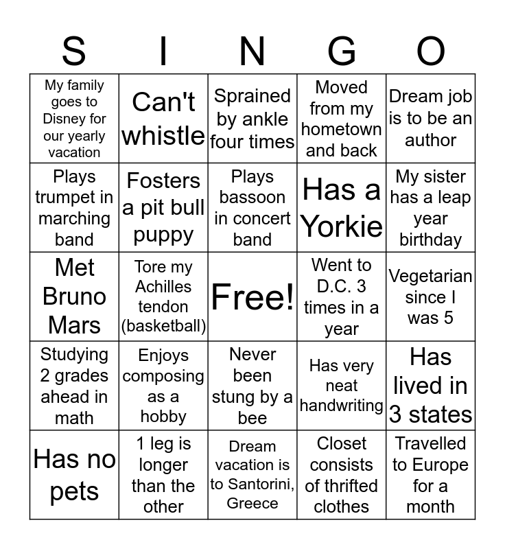 CYC SI 2019 Bingo Card