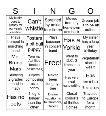 CYC SI 2019 Bingo Card