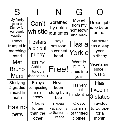 CYC SI 2019 Bingo Card