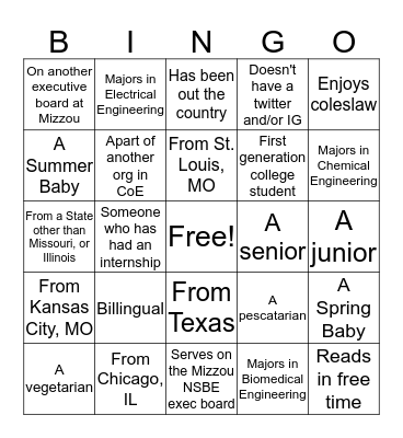 Mizzou NSBE Bingo Card
