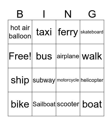 transportation Bingo Card