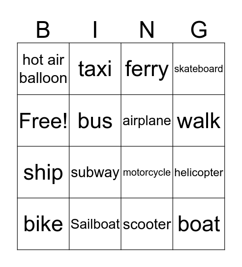 transportation Bingo Card