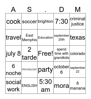 All about Us! Bingo Card