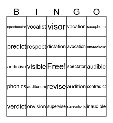 Vocabulary lesson 1-3 Bingo Card