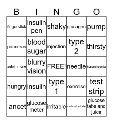 Diabetes Bingo Card