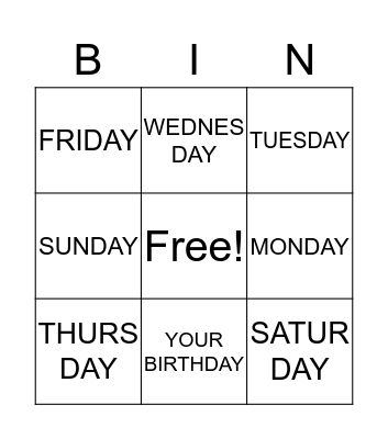 Days of the Week Bingo Card