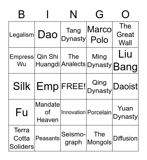 Qin Shi Huangdi Bingo Card