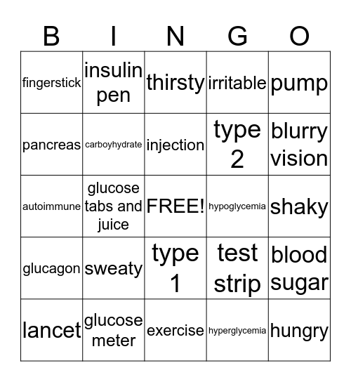 Diabetes Bingo Card