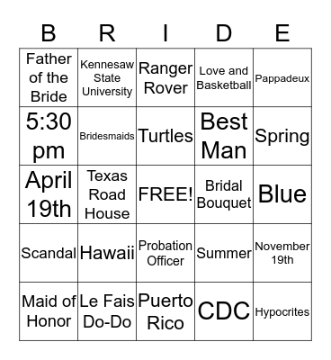 Bridal Bingo  Bingo Card