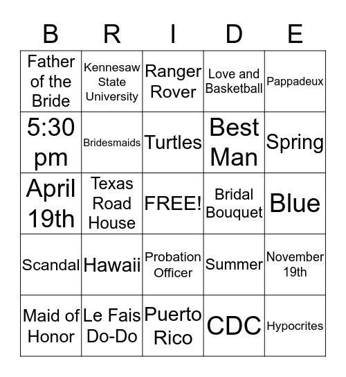 Bridal Bingo  Bingo Card