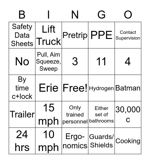 July Safety Bingo Card