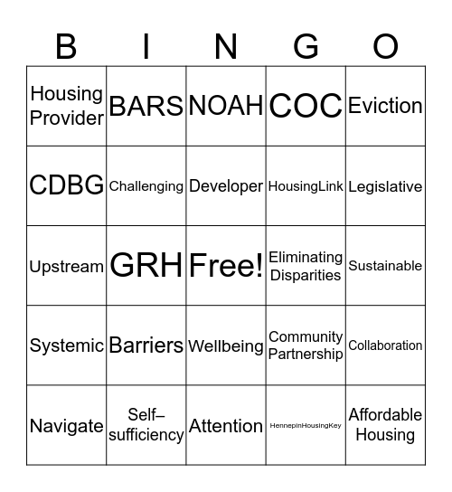 Housing Support Lingo BIngo Card
