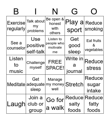 Healthy Lifestyles BINGO! Bingo Card