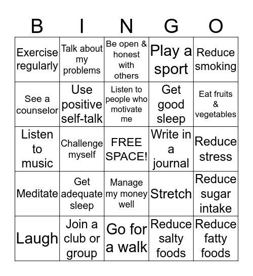 Healthy Lifestyles BINGO! Bingo Card