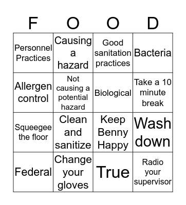 Food Safety Bingo Card