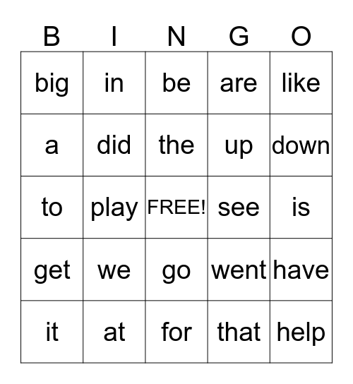 Sight Words Bingo Card