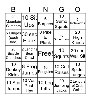 Exercise BINGO! Bingo Card