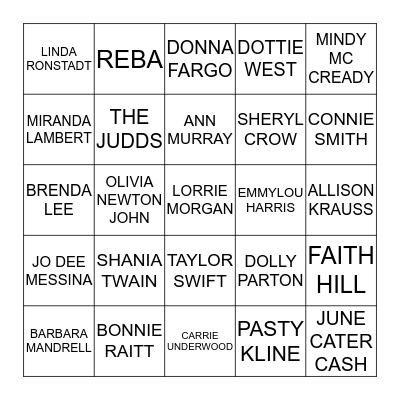 FEMALE COUNTRY SINGERS Bingo Card