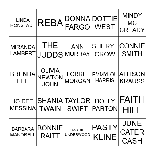 FEMALE COUNTRY SINGERS Bingo Card