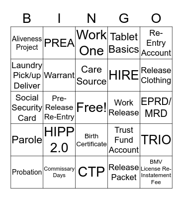 Pre-Release Re-Entry Bingo Card