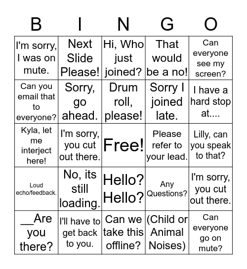 Huddle Sayings Bingo Card