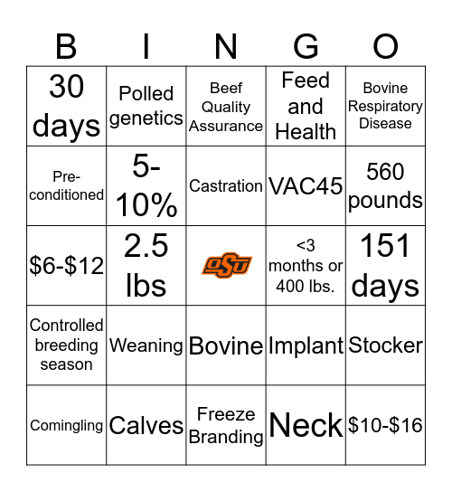 Beef Calf Management Lingo Bingo Card