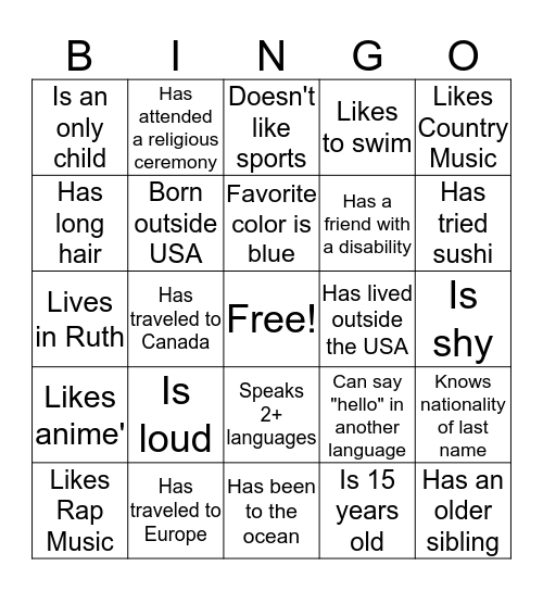 Differences Bingo Card