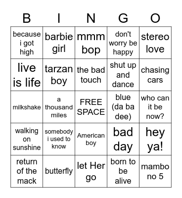 music bingo ONE HIT WONDERS Bingo Card