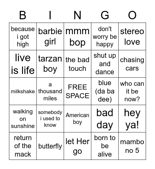 music bingo ONE HIT WONDERS Bingo Card