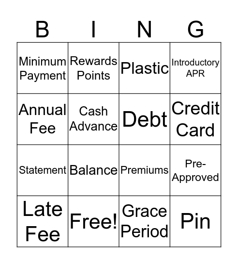 Credit Card Lingo Bingo Card