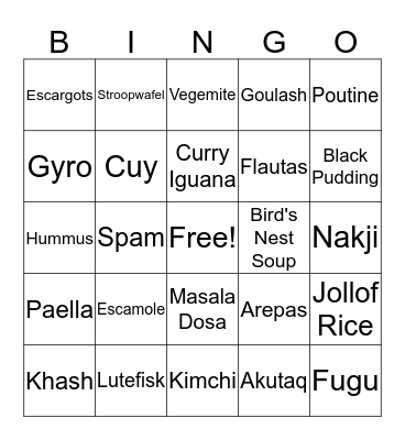 International Food Bingo Card