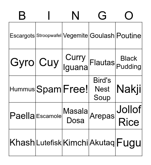 International Food Bingo Card