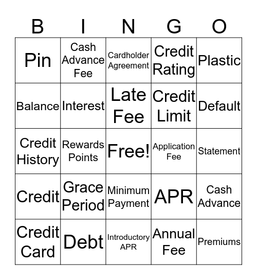 Credit Card Lingo Bingo Card