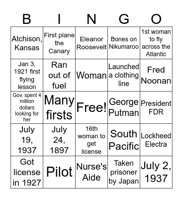 Amelia Earhardt Bingo Card