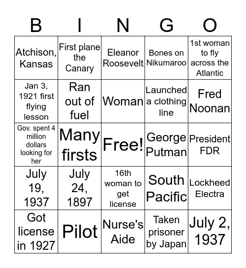 Amelia Earhardt Bingo Card