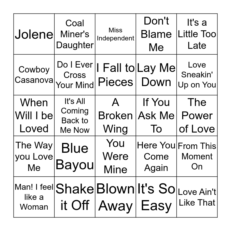 Female Country Bingo Card