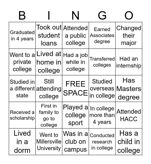 Human College Bingo Card