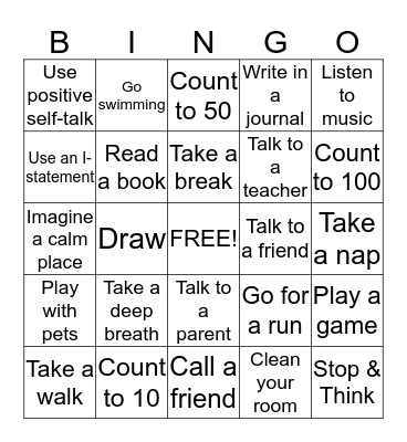 Coping Skills Bingo Card