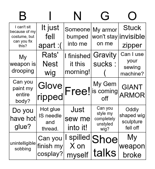 Cosplay Rescue Bingo Card